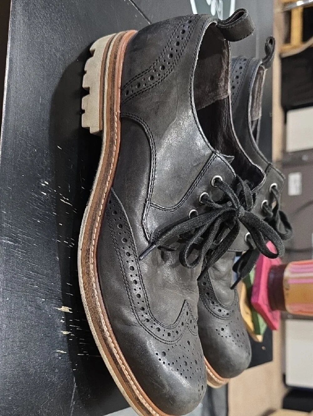 John Varvatos Black Brogue Wingtip Derby Shoes